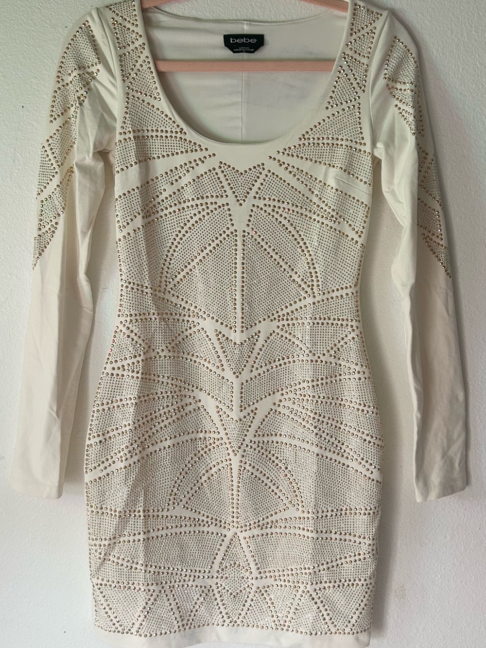 BeBe Cream Long-Sleeve Studded Bodycon Dress